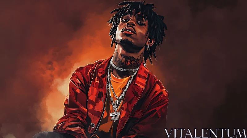 Digital portrait of streetwear artist in fiery orange glow.