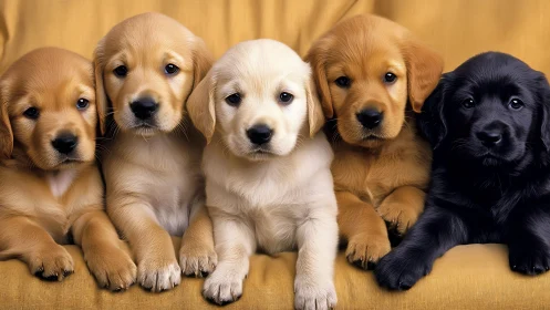 Symmetrical lineup of mixed-color puppies under soft frontal lighting