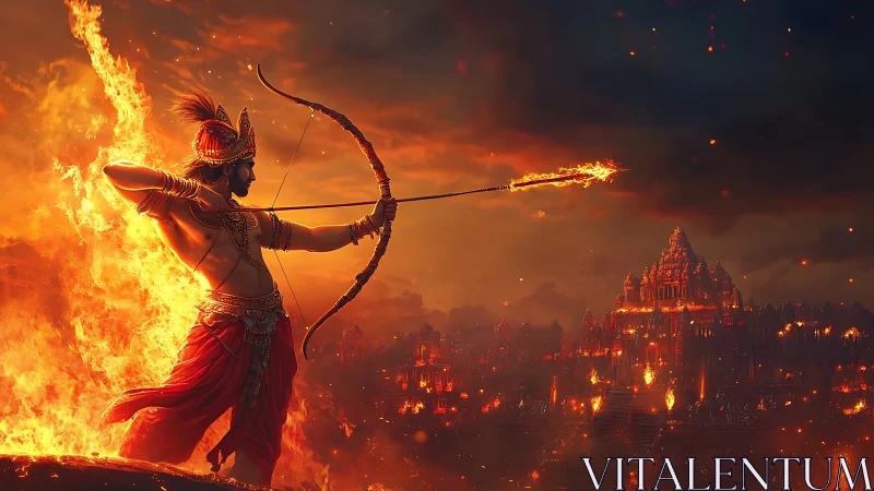 Fiery warrior archer ignites a mythic city under siege.