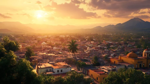 Sunlit low-rise town extends toward layered distant mountains