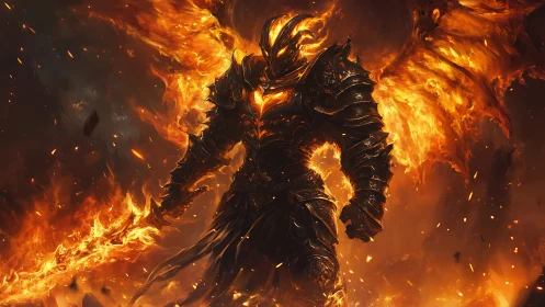 Infernal armored demon commands blazing hellfire storm.