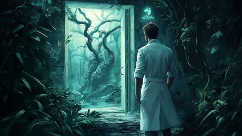 Scientist in white coat facing glowing door to twisted forest