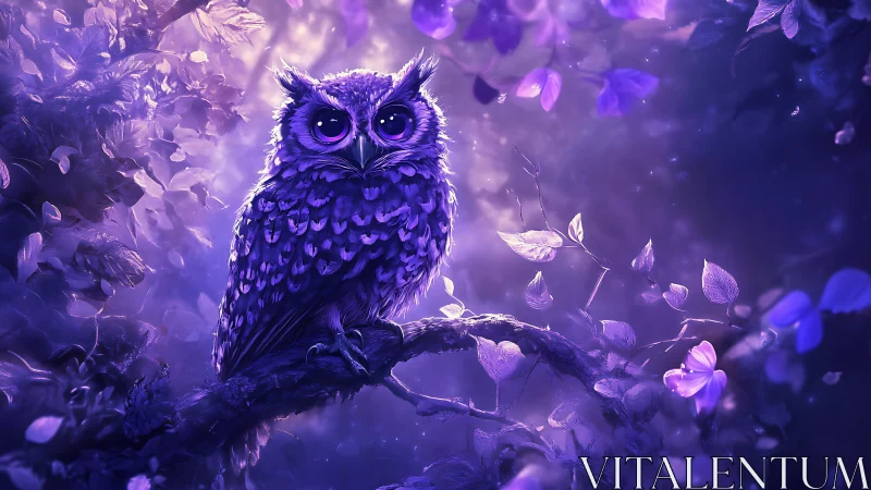 Gentle violet owl resting in a softly glowing dream forest.
