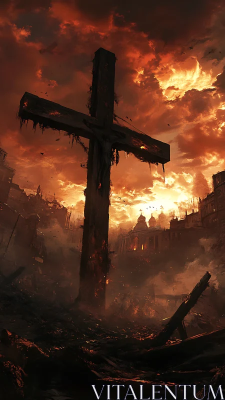 Charred monumental cross amid apocalyptic urban conflagration.