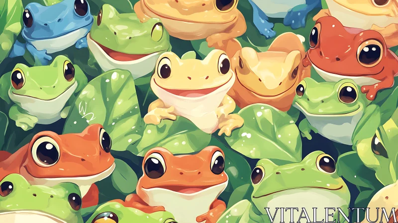 Cheerful chorus of candy-colored frogs in leafy hideaway.