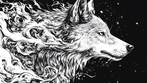 Monochrome wolf portrait with swirling abstract mane art.