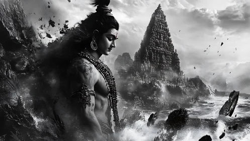 Stormforged deity broods above shattered coastal temple.