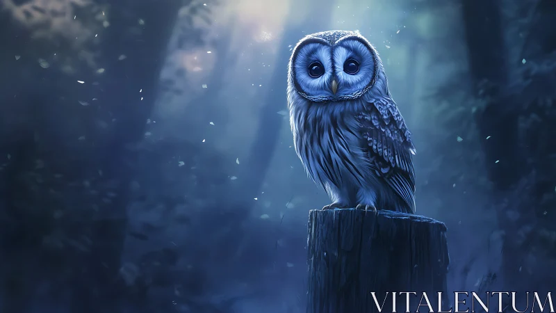 Majestic Owl on Tree Stump in Enchanted Blue Forest, Digital Art.