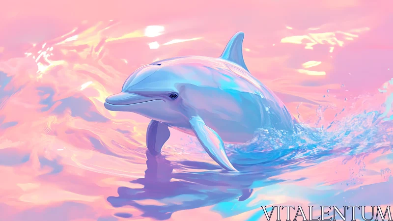 Dolphin swims through pastel pink and blue reflective water