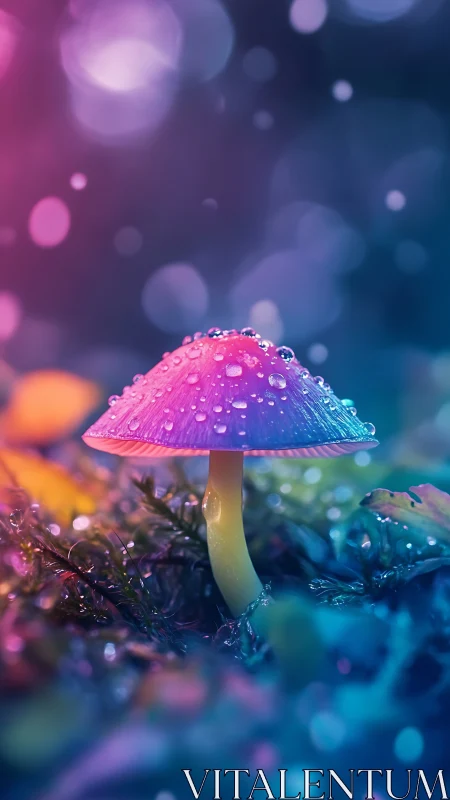 Neon dewlit mushroom glowing in a dreamy forest rain.