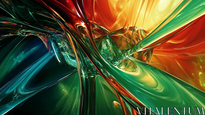 Glowing glass-like energy ribbons collide in vivid abstraction