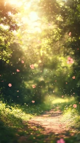 Sunlit forest path where petals drift like quiet wishes.