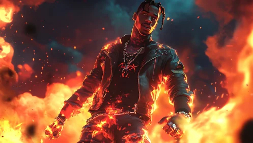 Firelit hero strides forward wrapped in blazing neon glow