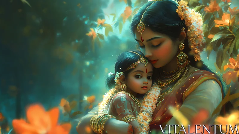 Mother and child in ornate attire stand in soft forest light