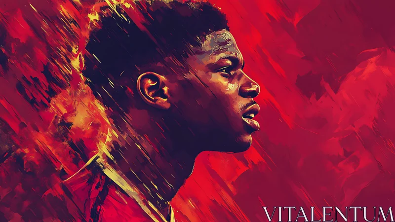 Profiled footballer in dynamic red digital portraiture.