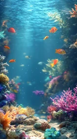 Sunlit coral reef teems with vivid tropical fish in motion.