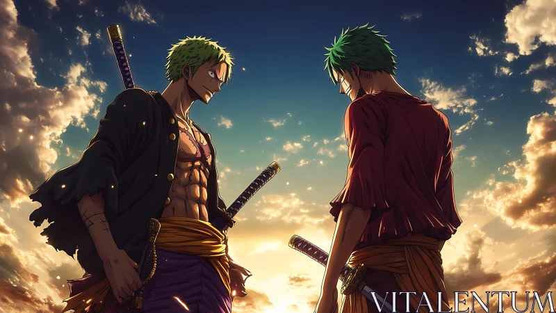 Dual sword warriors face off under blazing sunset sky.