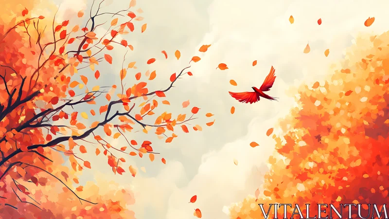 Scarlet bird soars through swirling autumn leaves in light.