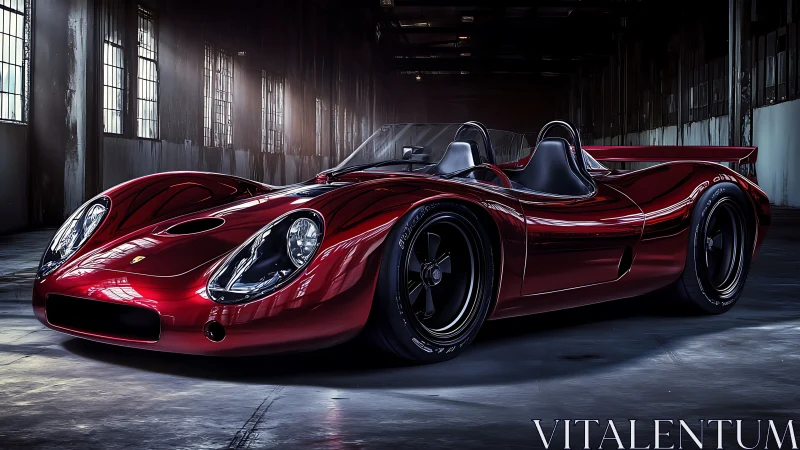 Sleek crimson sports car glowing in a quiet industrial garage.