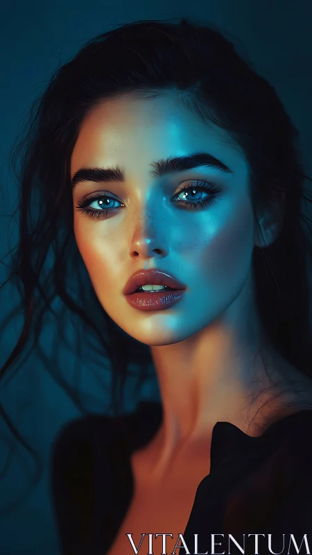 Luminous blue-lit portrait captures intense, reflective gaze.
