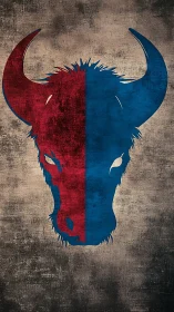 Symmetrical bison head silhouette with split red blue grunge texturing