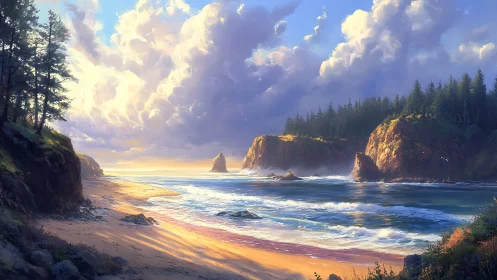 Sunlit cliffside cove under roaming cathedral clouds.