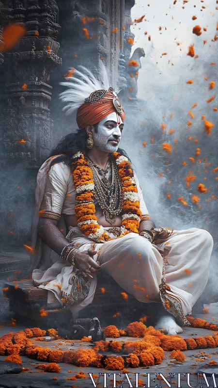 Ritual monarch in marigold vortex before carved stone shrine.