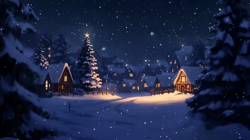 Snowy village glows under starlit winter night sky.