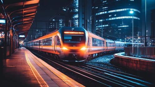 Neon city night train gliding through glowing rail lines.
