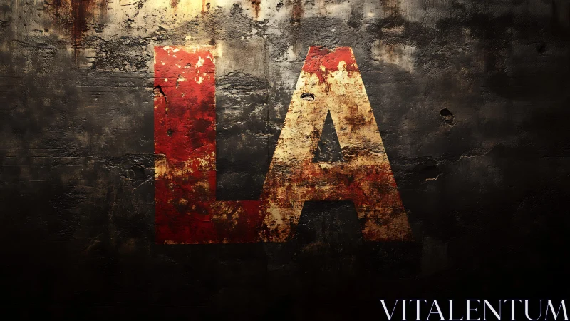 Weathered LA letters on dark textured concrete wall.