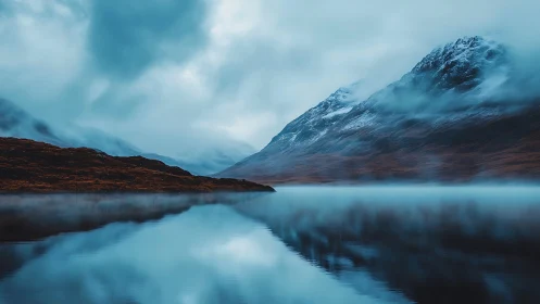 Misty mountain lake reflects snowcapped peaks in cold light