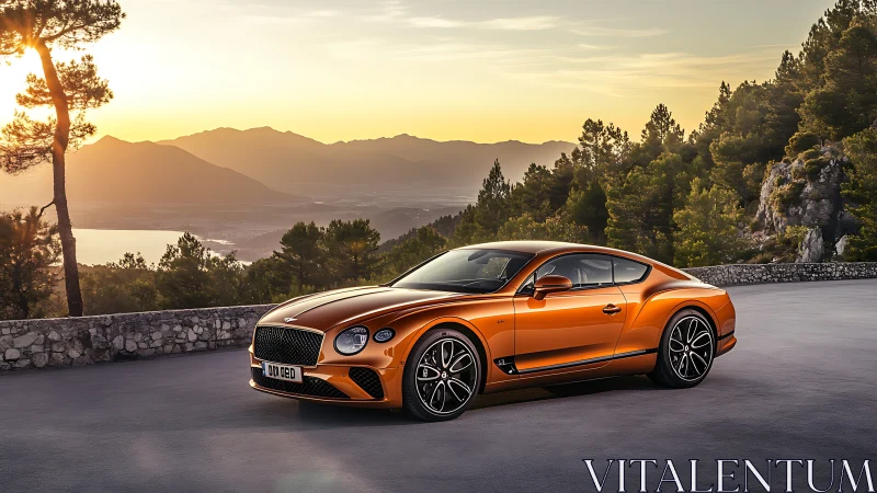 Sunset drive with a glowing orange grand tourer coupe.