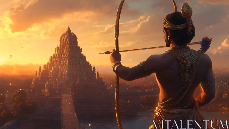 Mythic archer overlooking tiered Dravidian temple at sunset