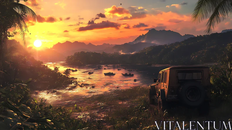 Safari Vehicle at Golden Hour Over Tropical River Valley.