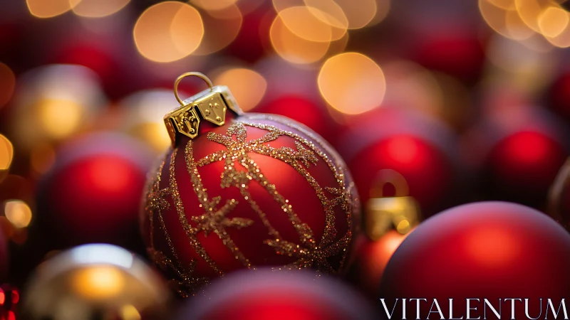 Glittering red Christmas bauble glows amid festive lights.