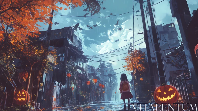 Small wanderer strolls through rainlit Halloween streetdreams