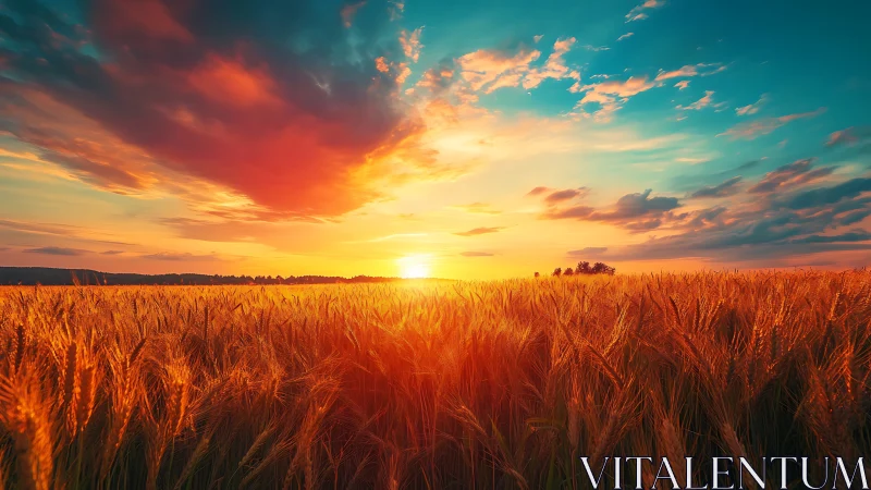 Sunset-illuminated wheat field under high-contrast stratocumulus sky