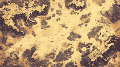 Cartographic fantasy landscape with inked cliffs and sparse rivers