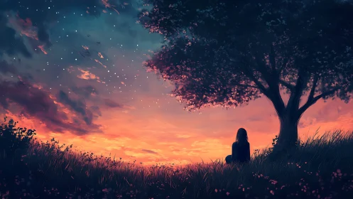 Solitary figure watches glowing sunset sky under tree