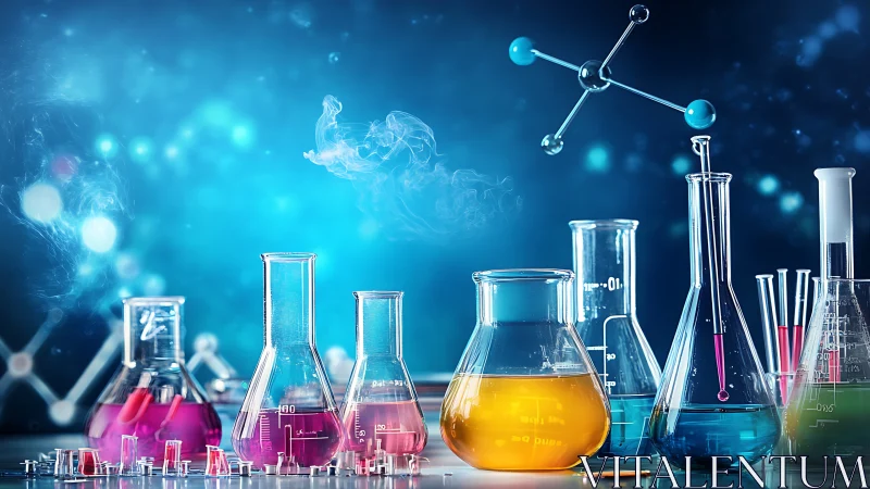 Colorful laboratory glassware glows in futuristic blue light.