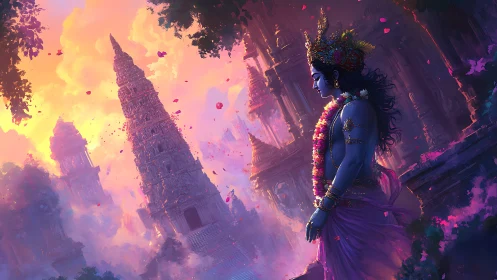 Divine blue figure walks through glowing temple dawn haze