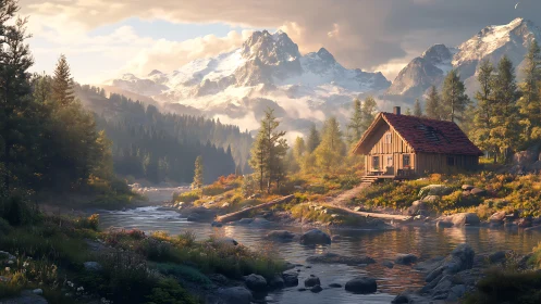 Riverlit cabin daydream under snow crowned mountainscape.