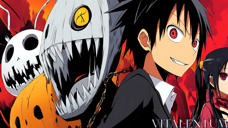 Stylized anime protagonists stride before chained demon creatures