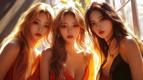 Golden afternoon glow surrounds three stylish friends