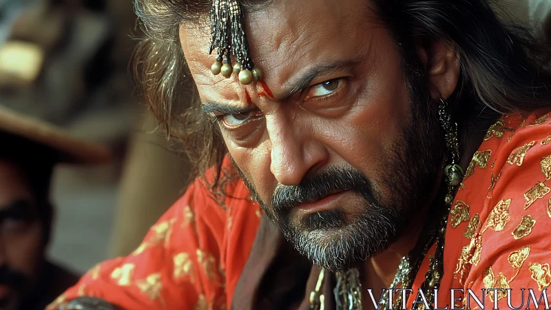 Intense warrior in ornate red garment stares forward.