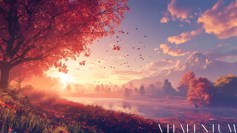 Autumn river dreaming beneath cotton candy mountains.