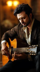 Male guitarist in tailored blazer playing acoustic guitar indoors