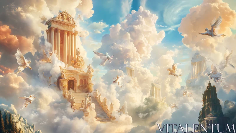 Golden temple in the clouds with doves and glowing sky.