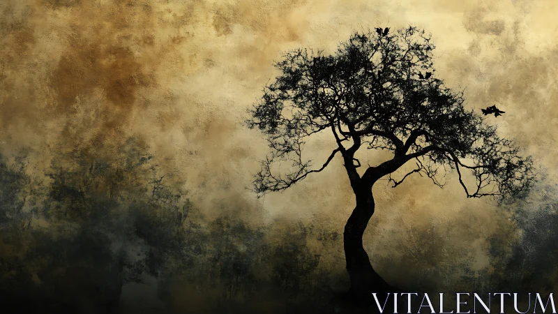 Solitary silhouette tree against a softly glowing sky.