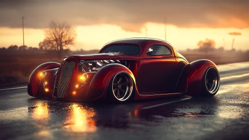 Sunset slicks glide while a crimson hot rod prowls home